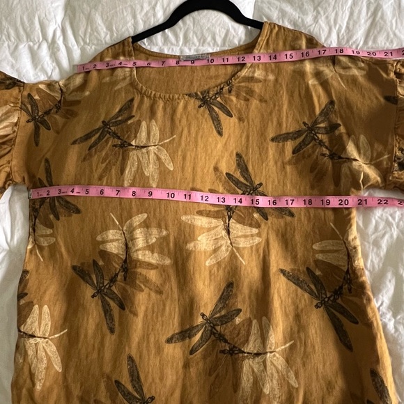 Elena Baldi Linen Lagenlook Brown & Gold Dragonfly Ruffled Sleeve Shirt Small - Picture 7 of 9